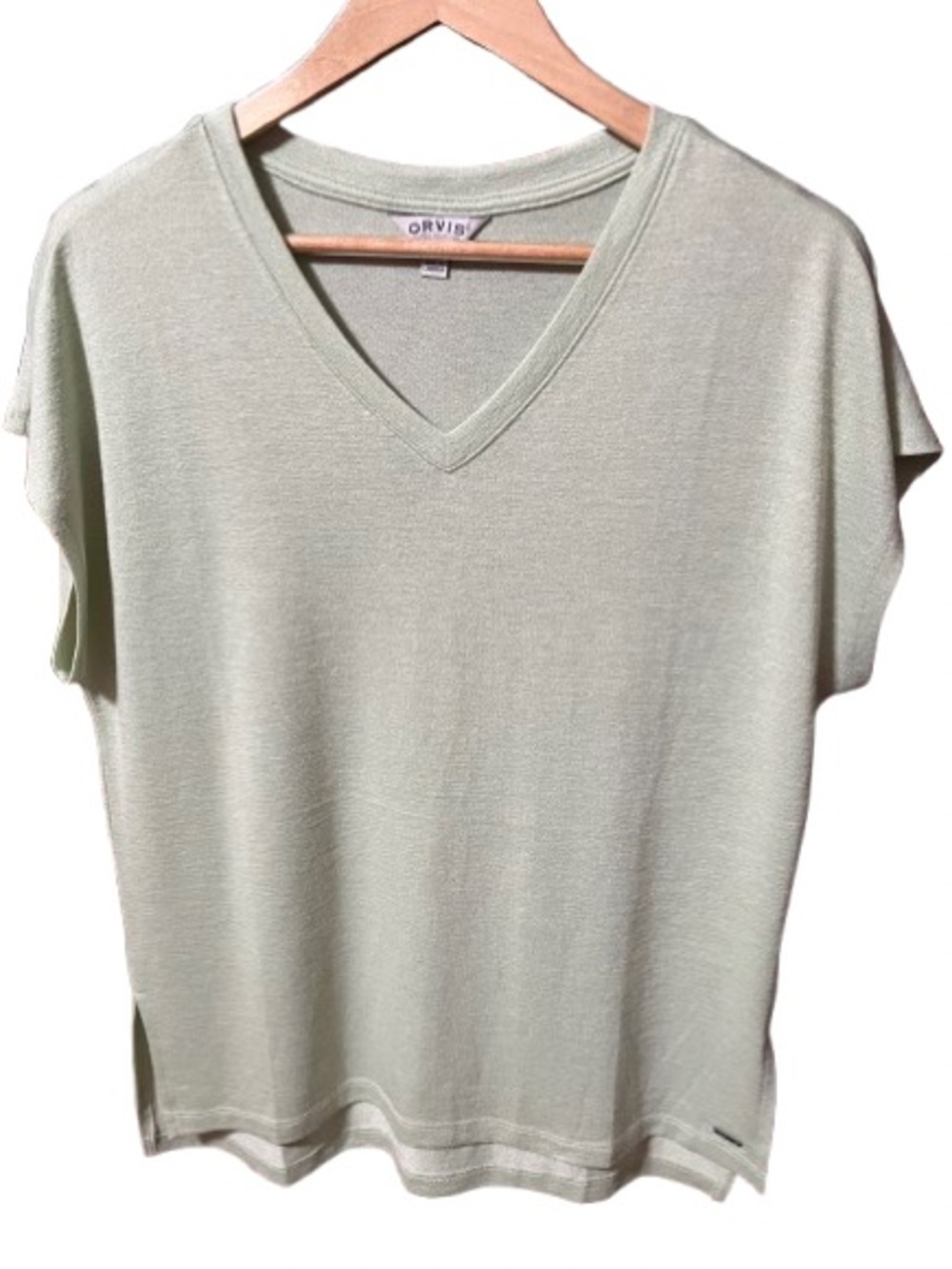 Orvis Classic Collection Sage Green V-Neck Short Sleeve Sweater Top Size Small